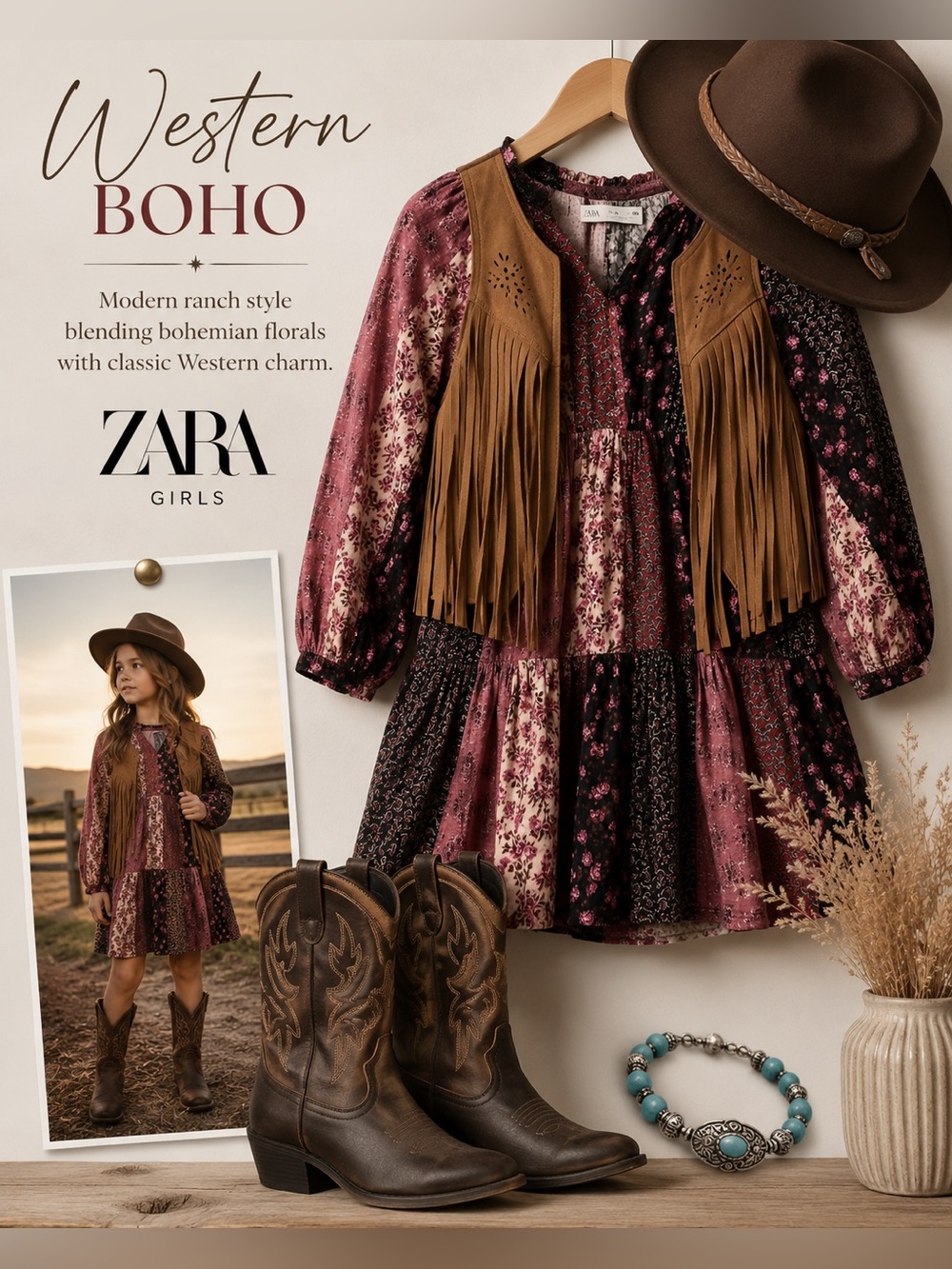 Zara Girls Patchwork Floral Prairie Boho Babydoll Dress Size 9 134 Western B9 - Picture 3 of 9